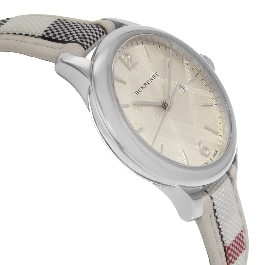 Burberry The Classic Guilloche Silver Dial Grey Leather Strap Watch for Women - BU10113