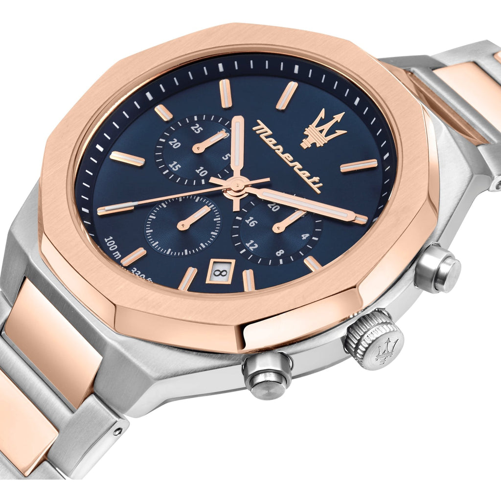 Maserati Stile Chronograph Blue Dial Rose Gold Two Tone Strap Watch For Men - R8873642002