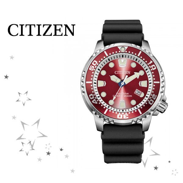 Citizen Eco Drive Promaster Marine Red Dial Black Rubber Strap Watch For Men - BN0159-15X