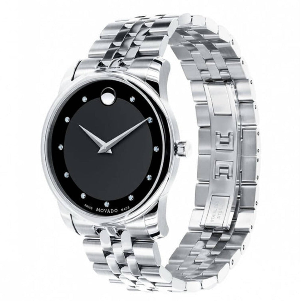 Movado Museum Diamonds Black Dial Silver Steel Strap Watch For Men - 606878