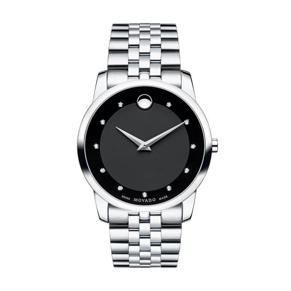 Movado Museum Diamonds Black Dial Silver Steel Strap Watch For Men - 606878