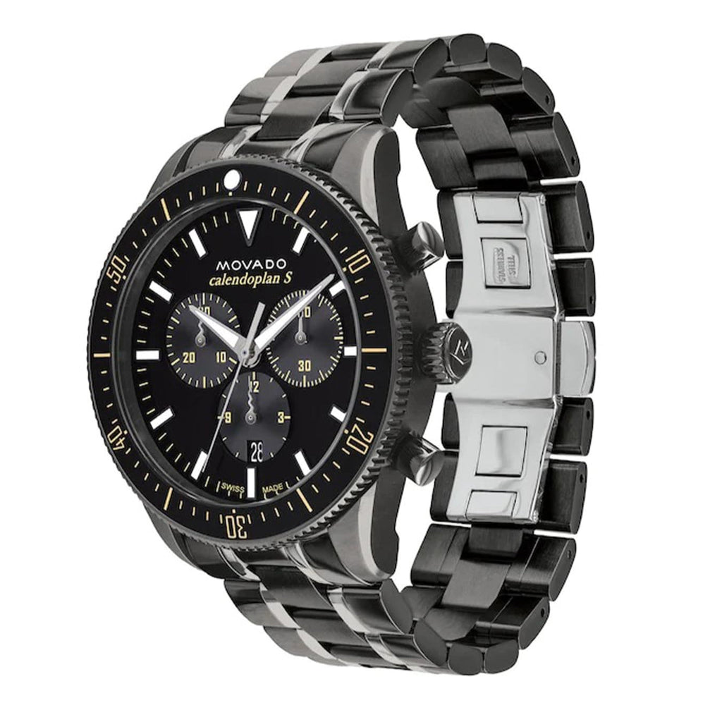 Movado Heritage Calendoplan Chronograph Black Dial Black Steel Strap Watch For Men - 3650125