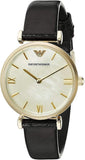 Emporio Armani Gianni T-Bar Quartz Mother of Pearl Dial Black Leather Strap Watch For Women - AR1910