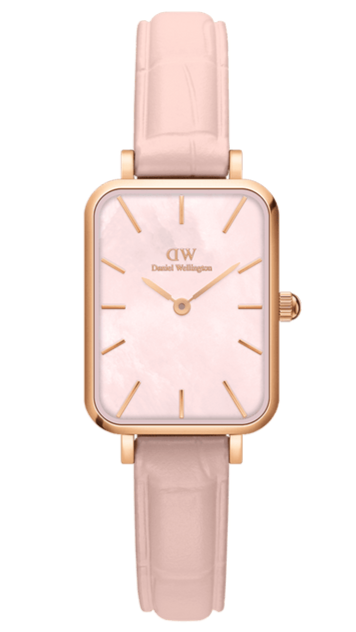 Daniel Wellington Quadro Pressed Mother of Pearl Pink Dial Pink Leather Strap Watch For Women - DW00100508