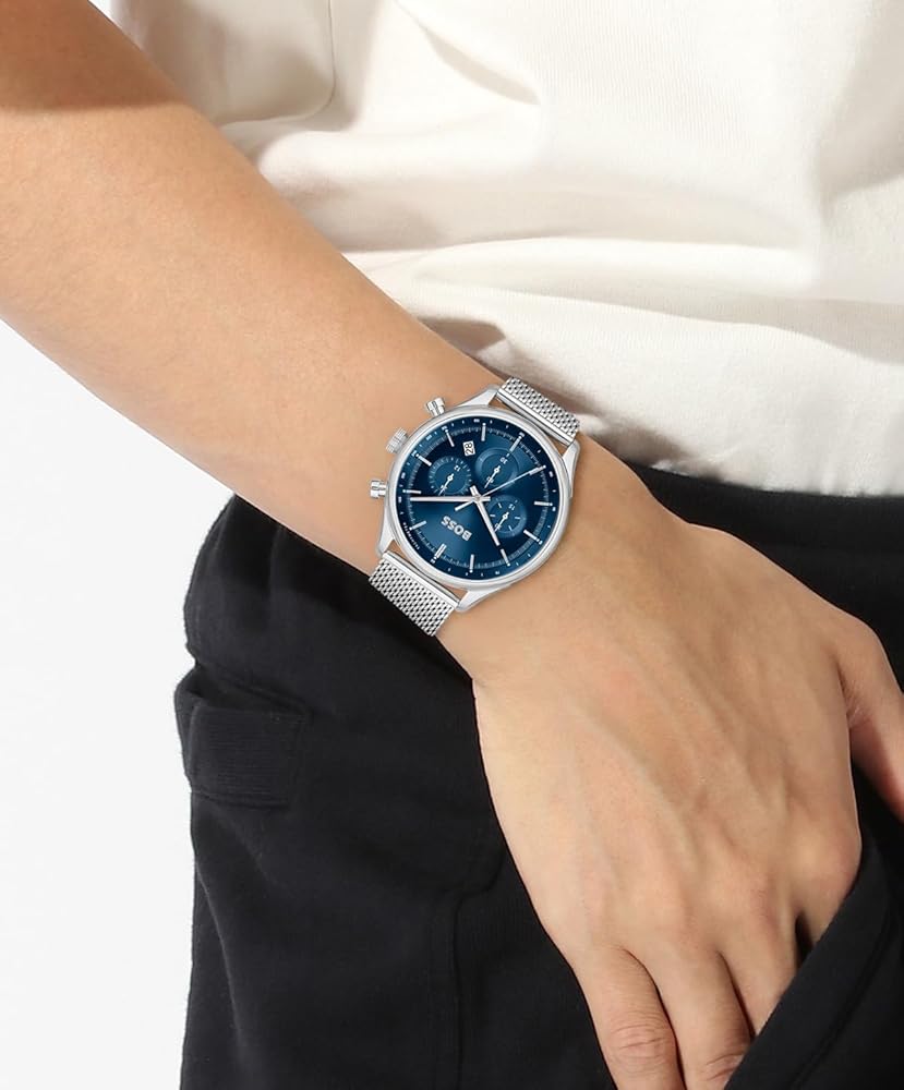 Hugo Boss Gregor Chronograph Blue Dial Silver Mesh Bracelet Watch For Men - 1514052