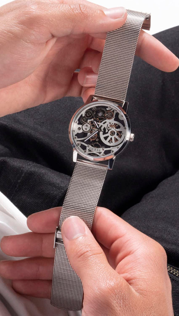 Guess Gadget Silver Dial Silver Mesh Bracelet Watch for Men - GW0538G1