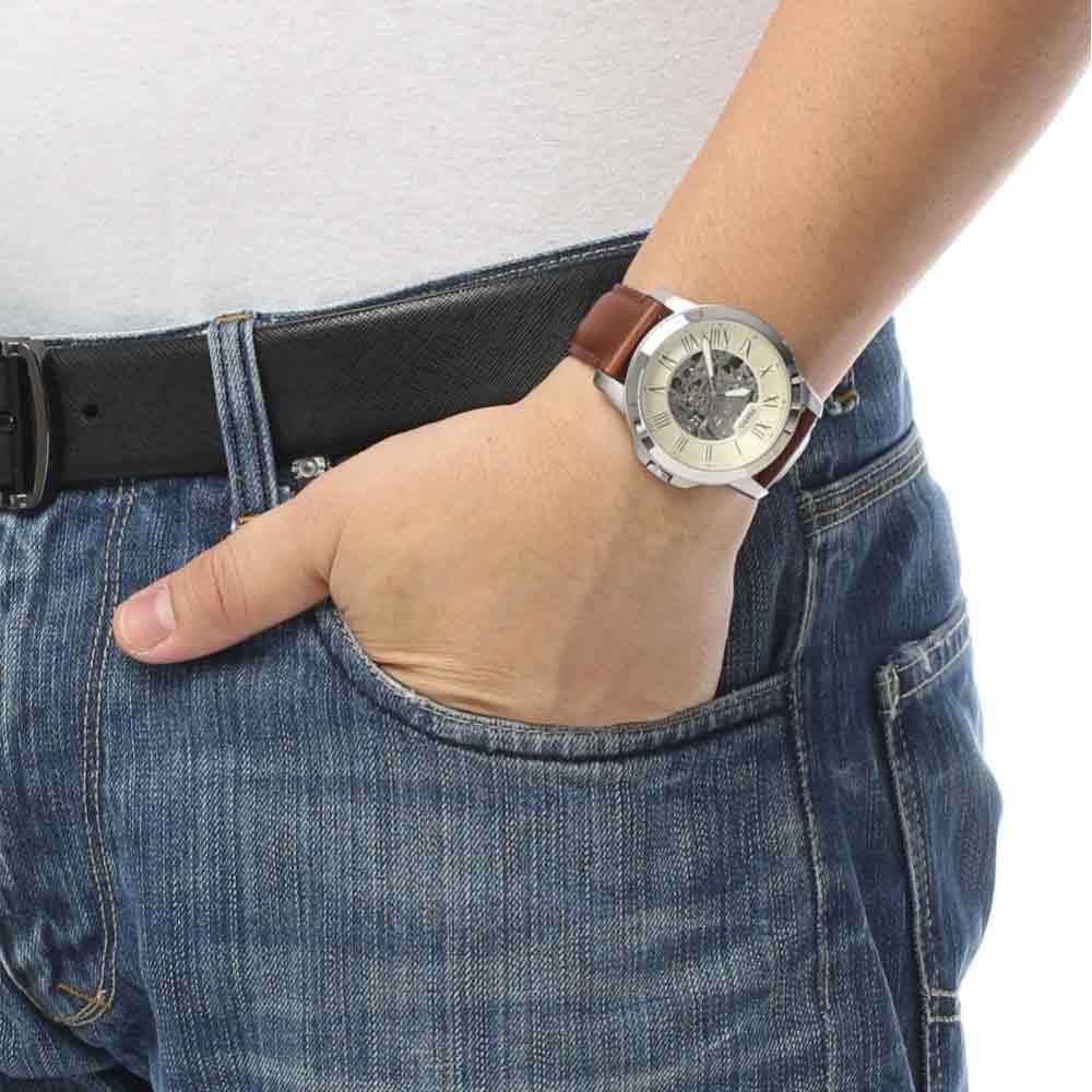 Fossil Grant Automatic Beige Skeleton Dial Brown Leather Strap Watch for Men - ME3099