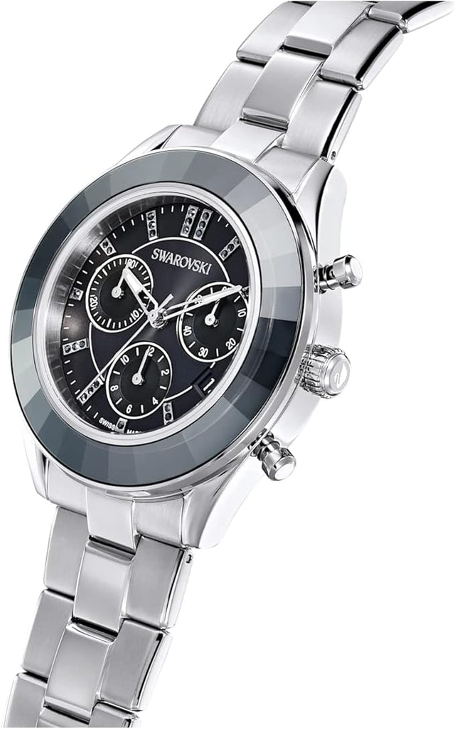 Swarovski Octea Lux Sport Chronograph Black Dial Silver Steel Strap Watch for Women - 5610520