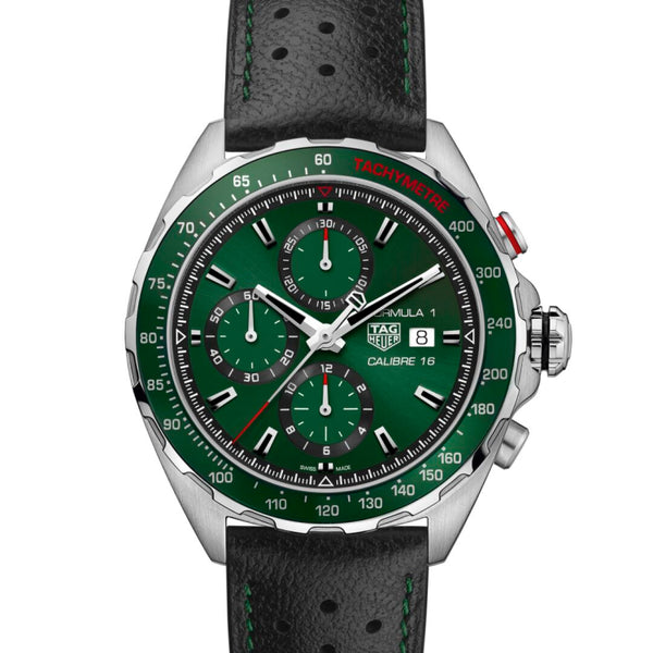 Tag Heuer Formula 1 Calibre 16 Automatic Chronograph Green Dial Black Leather Strap Watch for Men - CAZ2016.FC6473