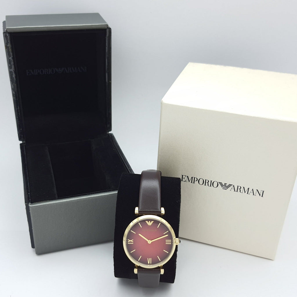 Emporio Armani Gianni T Bar Burgundy Dial Burgundy Leather Strap Watch For Women - AR1757