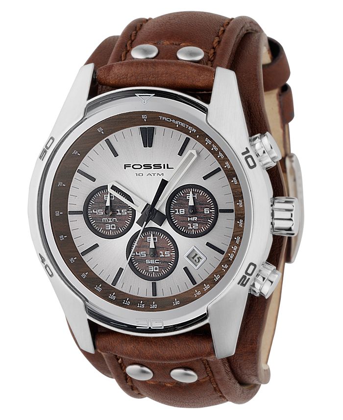 Fossil Coachman Chronograph Silver Dial Brown Leather Strap Watch for Men - CH2565