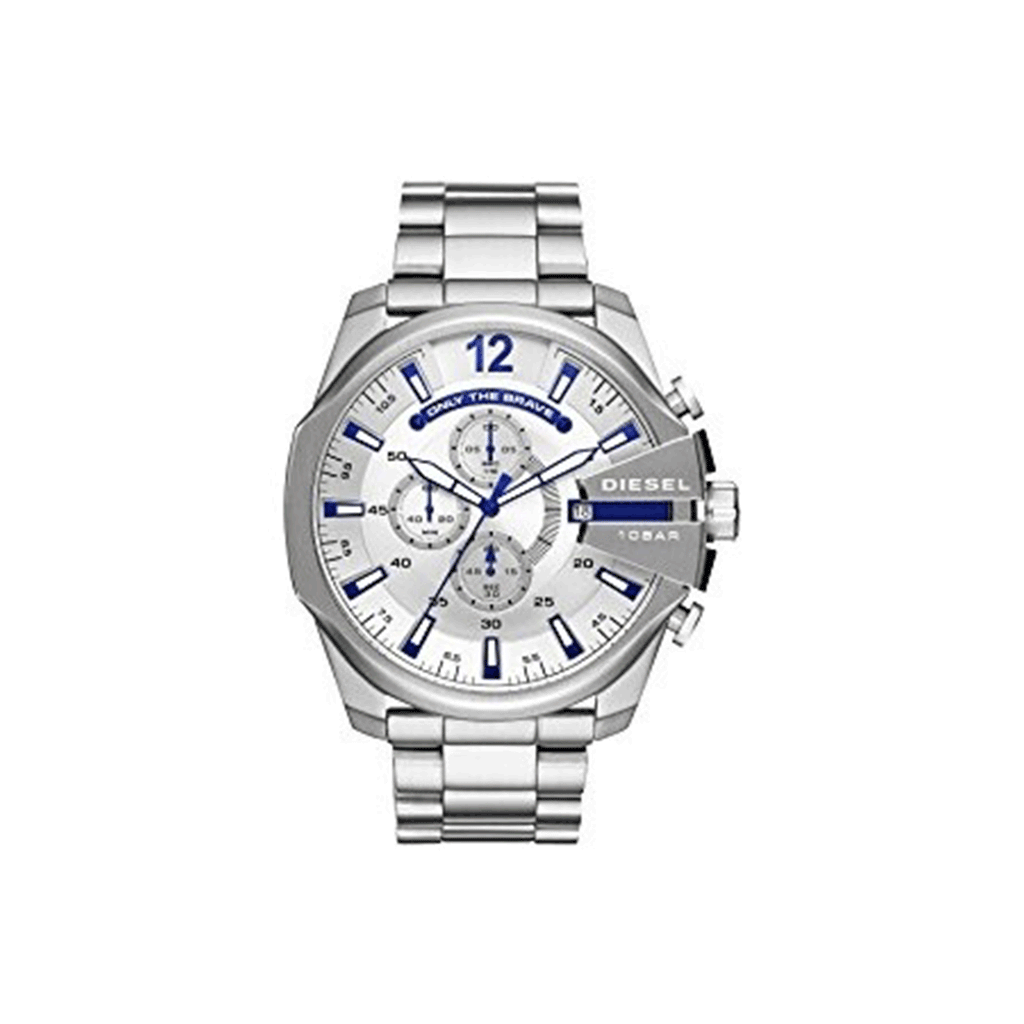 Diesel Mega Chief Chronograph White Dial Silver Steel Strap Watch For Men - DZ4477