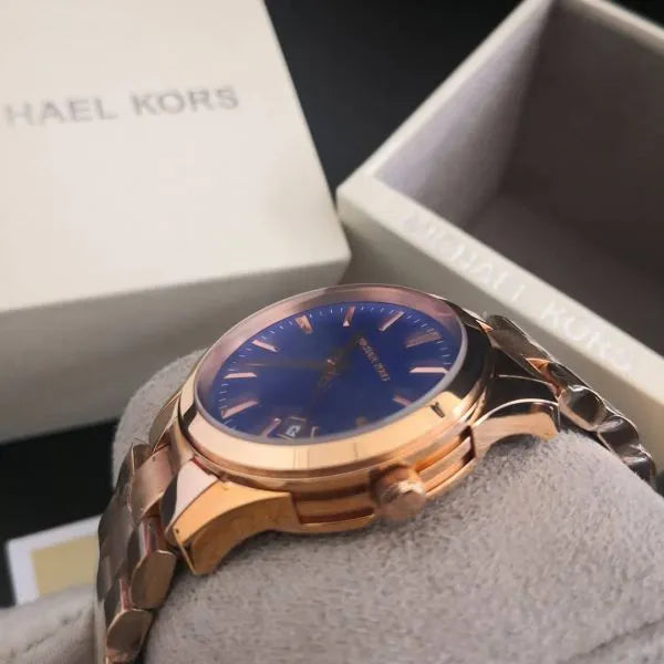 Michael Kors Runway Blue Dial Rose Gold Stainless Steel Strap Watch for Women - MK7065