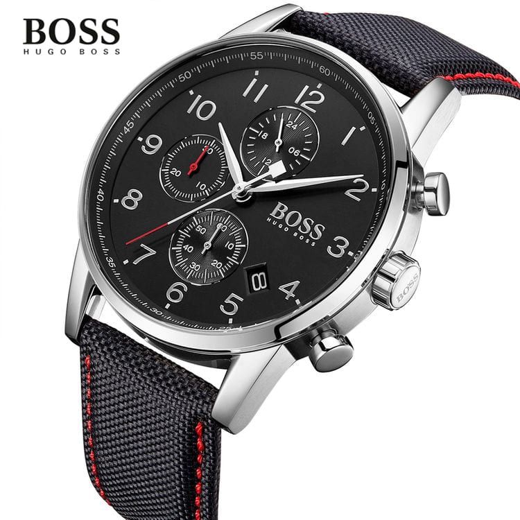 Hugo Boss Navigator Black Dial Black Leather Strap Watch for Men - 1513535