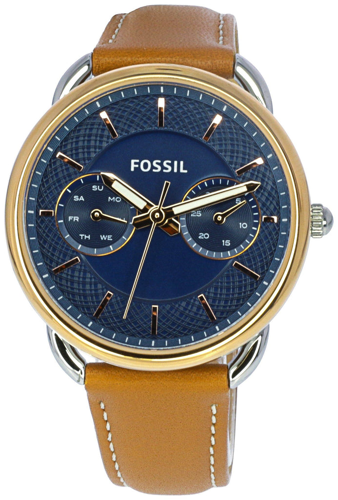Fossil Tailor Date-Day Quartz Blue Dial Brown Leather Strap Watch for Women - ES4257