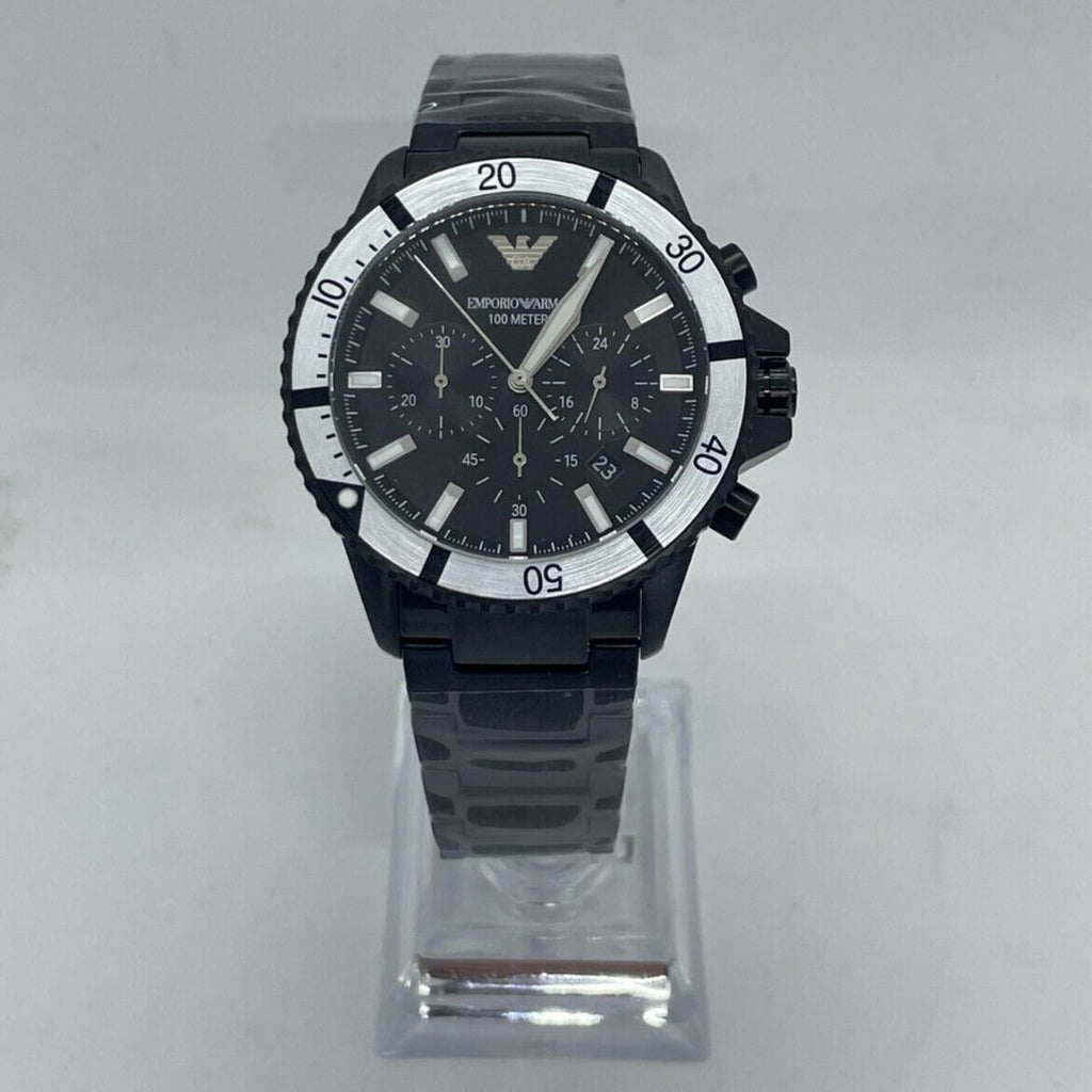 Emporio Armani Diver Chronograph Black Dial Black Steel Strap Watch For Men - AR80050