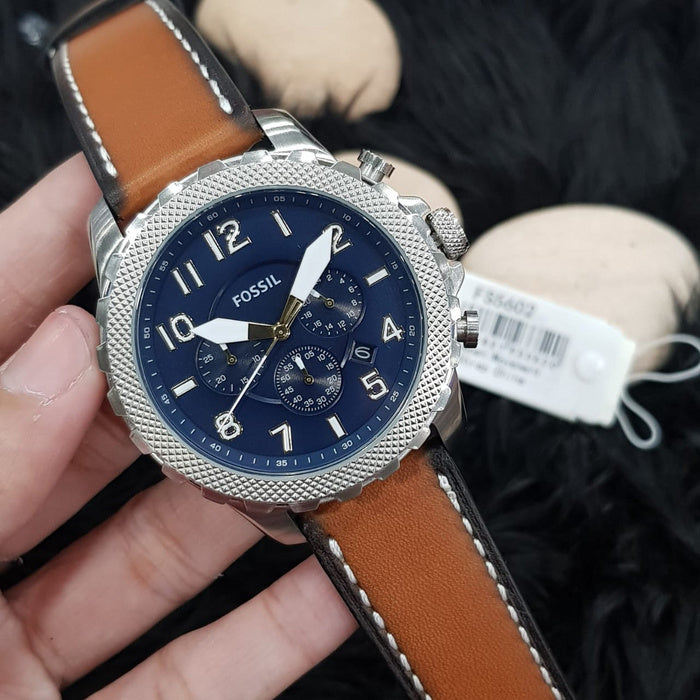 Fossil Bowman Chronograph Blue Dial Brown Leather Strap Watch for Men - FS5602