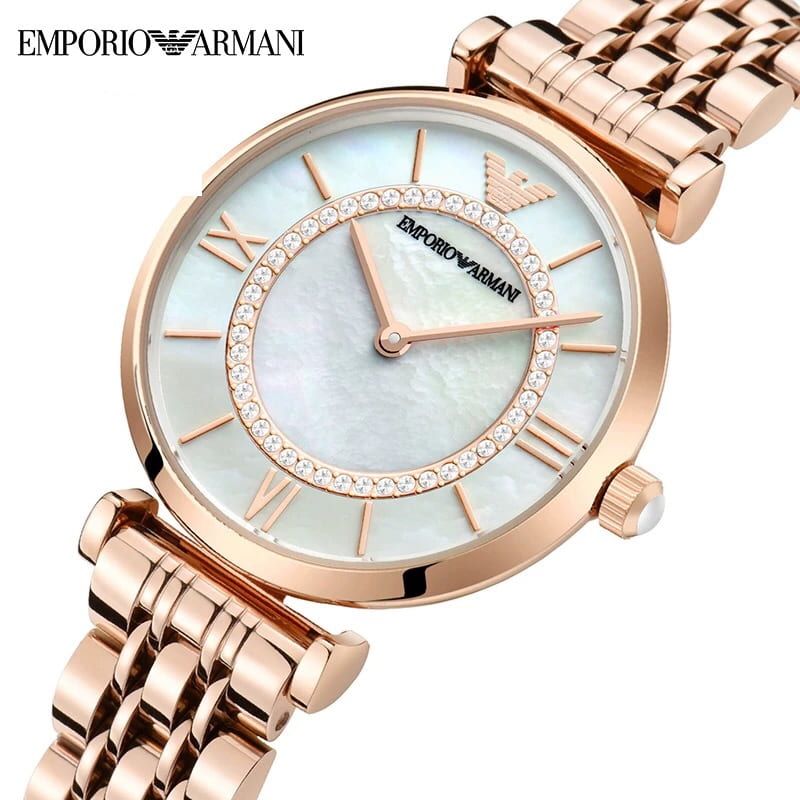 Emporio Armani Gianni T Bar Mother of Pearl Rose Gold Stainless Steel Strap Watch For Women - AR1909
