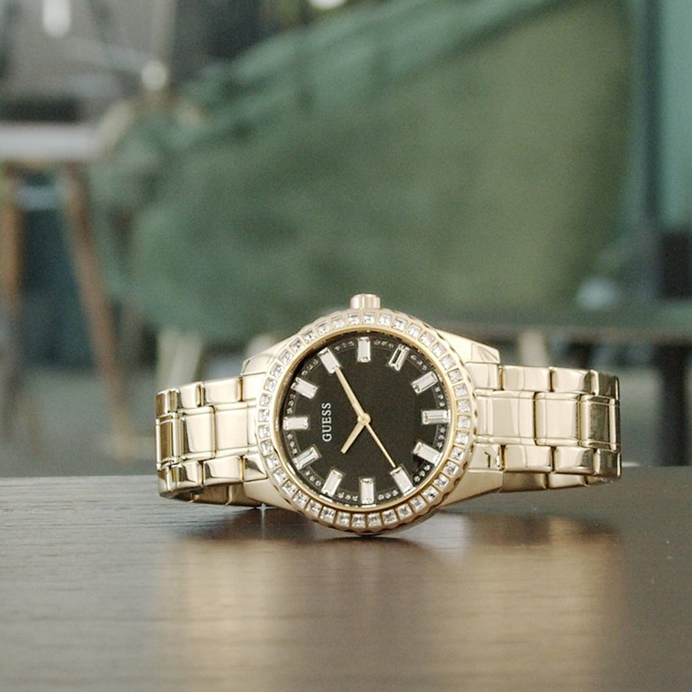 Guess Sparkler Diamonds Black Dial Gold Steel Strap Watch for Women - GW0111L2