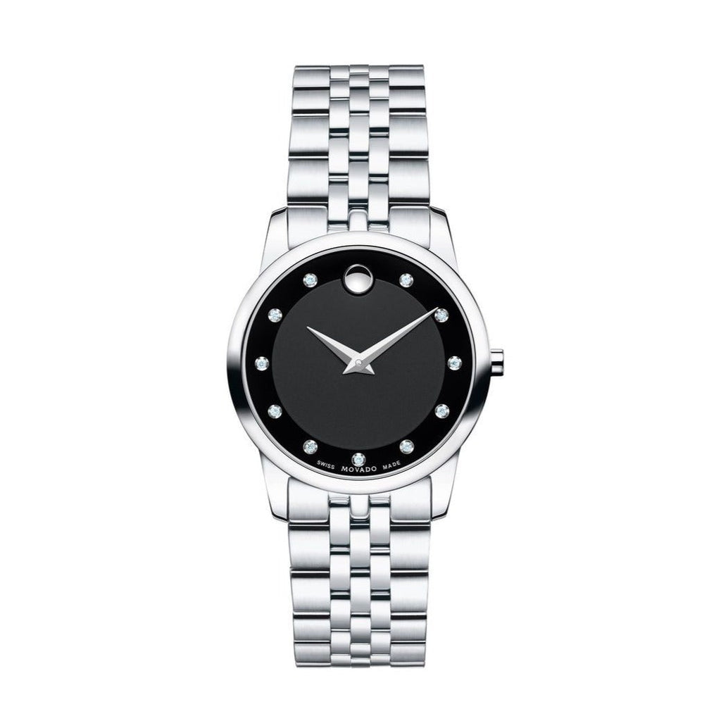 Movado Museum Classic Black Dial Silver Steel Strap Watch For Women - 0606858