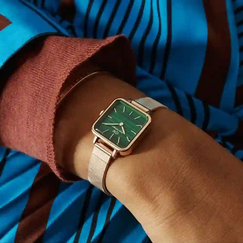 Daniel Wellington Quadro Studio Green Dial Rose Gold Mesh Strap Watch For Women - DW00100520
