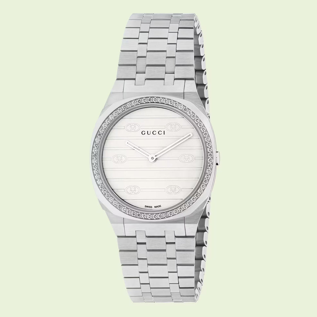 Gucci 25H Quartz Diamonds Silver Dial Silver Steel Strap Watch for Women - YA163401