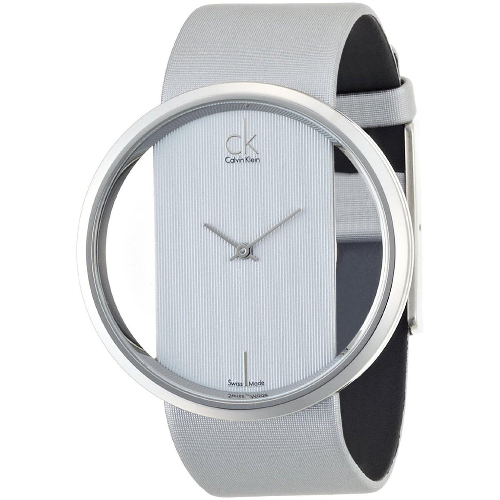 Calvin Klein Glam Transparent Silver Dial Grey Leather Strap Watch for Women - K9423193