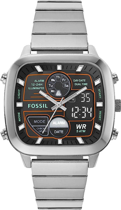 Fossil Retro Analog-Digital Black Dial Silver Steel Strap Watch for Men - FS5890