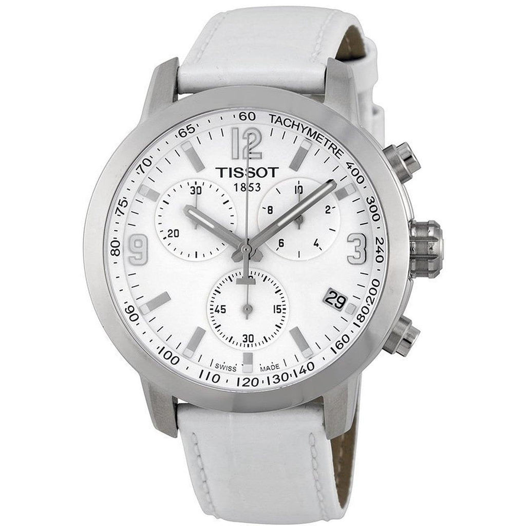 Tissot PRC 200 Chronograph White Dial White Leather Strap Watch For Men - T055.417.16.017.00