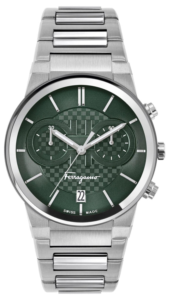 Salvatore Ferragamo Sapphire Chrono Green Dial Silver Steel Strap Watch for Men - SFME00421