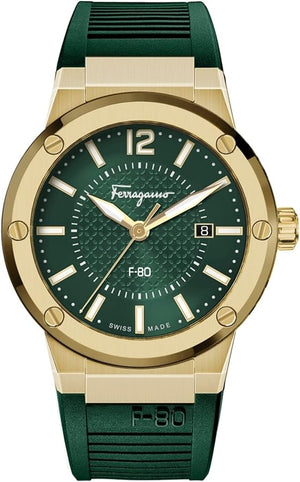 Salvatore Ferragamo F-80 Classic Green Dial Green Rubber Strap Watch for Men - SFHY02022