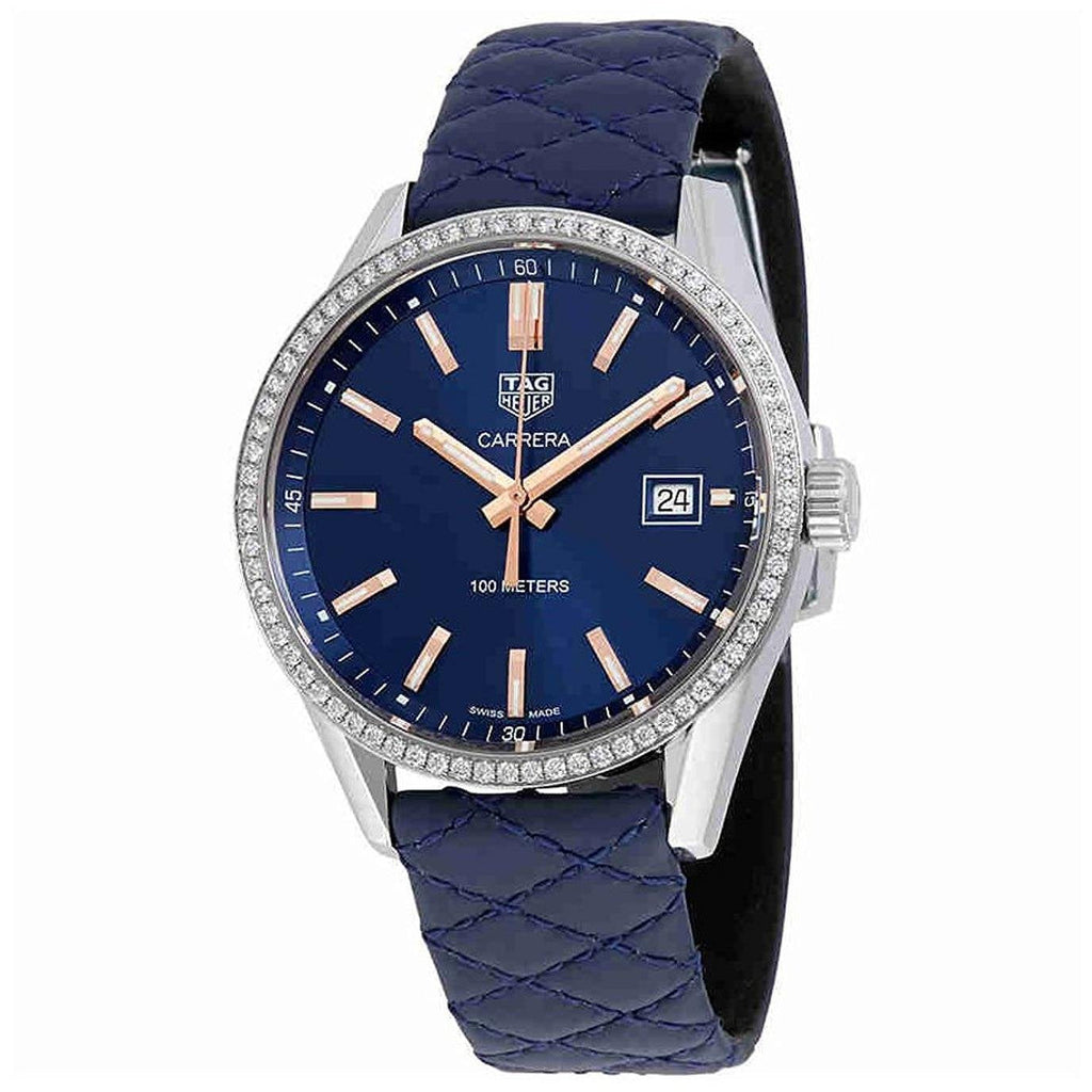 Tag Heuer Carrera Quartz Diamonds Blue Dial Blue Leather Strap Watch for Women - WAR1114.FC6391