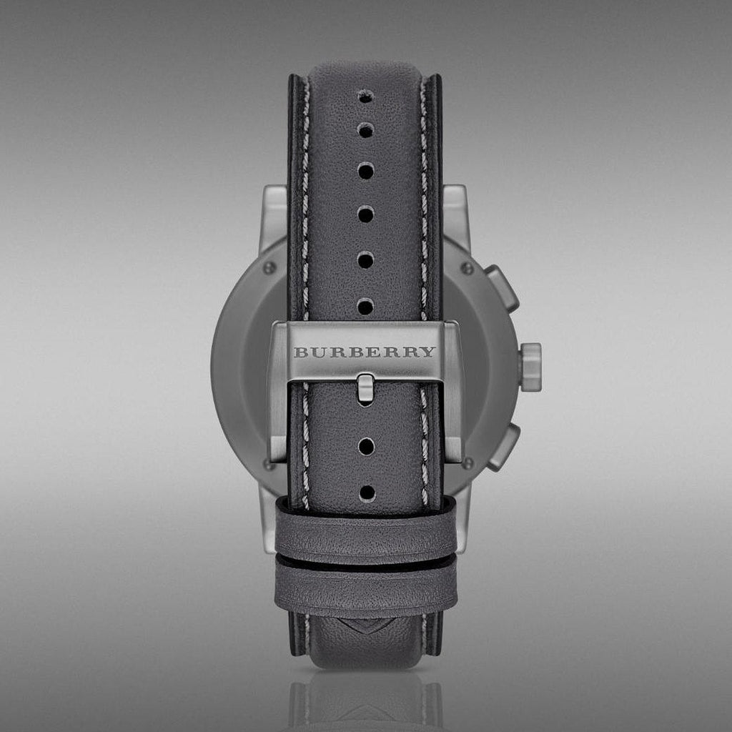 Burberry The City Chronograph Ion Plated Grey Dial Grey Leather Strap Watch for Men - BU9384