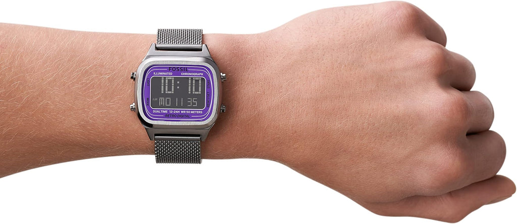 Fossil Retro Digital Purple Dial Grey Mesh Strap Watch for Men - FS5888