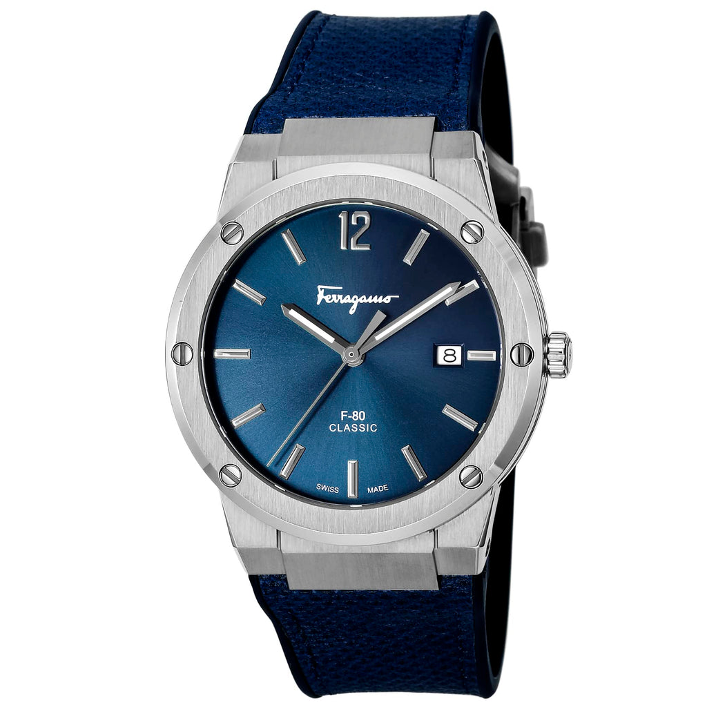 Salvatore Ferragamo F-80 Classic Blue Dial Blue Leather Strap Watch for Men - SFDT00719