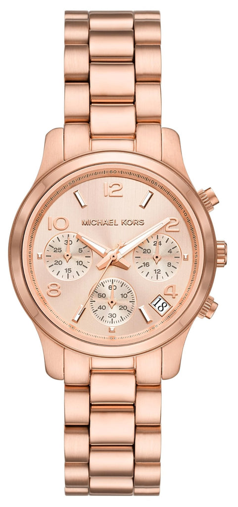 Michael Kors Runway Chronograph Rose Gold Dial Rose Gold Steel Strap Watch For Women - MK7327