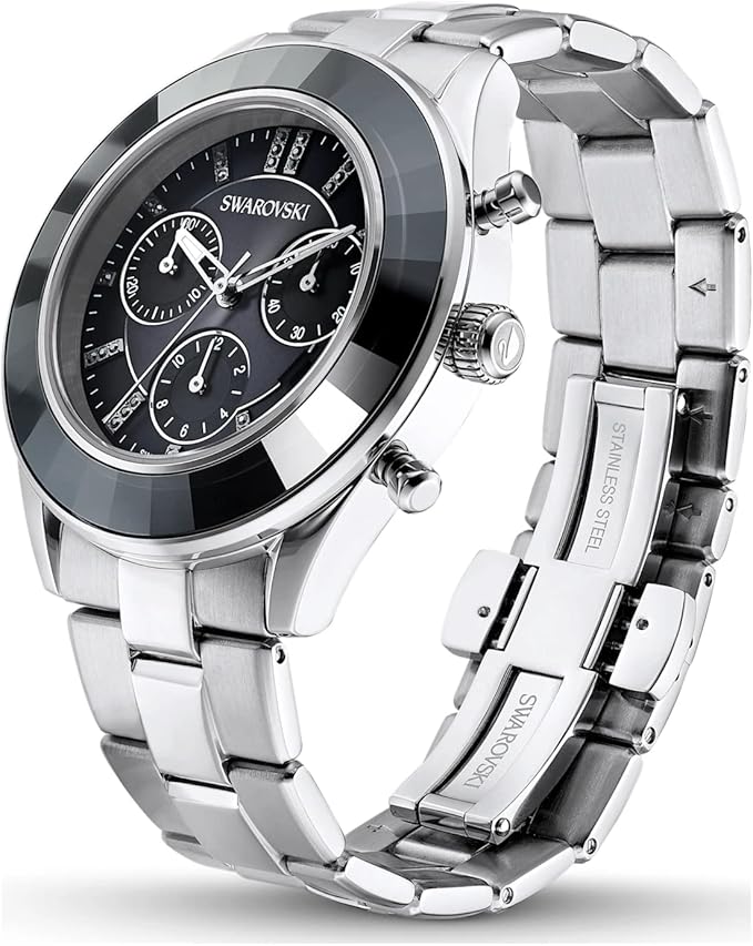 Swarovski Octea Lux Sport Chronograph Black Dial Silver Steel Strap Watch for Women - 5610520