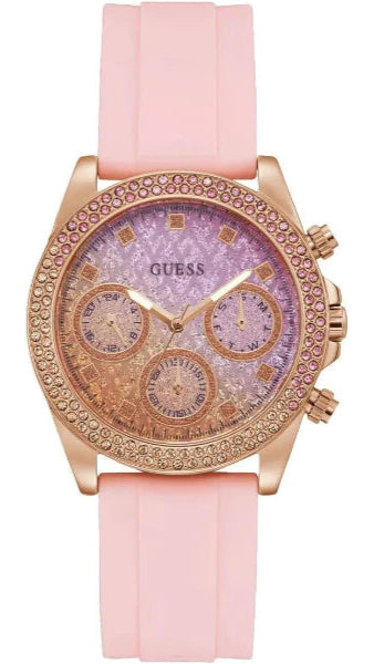 Guess Sparkling Chronograph Crystals Pink Dial Pink Silicone Strap Watch For Women - GW0032L4