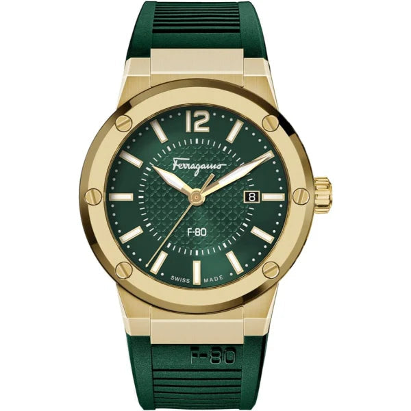 Salvatore Ferragamo F-80 Classic Green Dial Green Rubber Strap Watch for Men - SFHY02022