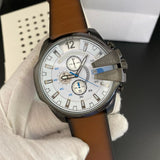 Diesel Mega Chief Chronograph White Dial Brown Leather Strap Watch For Men - DZ4280