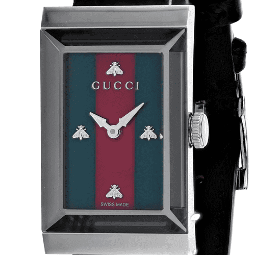 Gucci G-Frame Mother of Pearl Green & Red Dial Black Leather Strap Watch For Women - YA147403