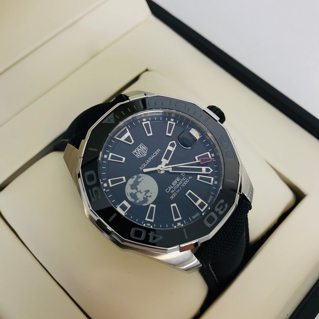 Tag Heuer Aquaracer Calibre 5 Moon Black Dial Black Nylon Strap Watch for Men - WAY201J.FC6370
