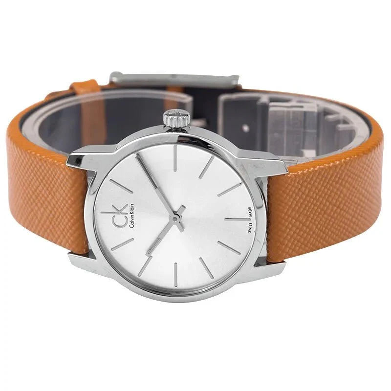 Calvin Klein City Silver Dial Light Brown Leather Strap Watch For Women- K2G23120