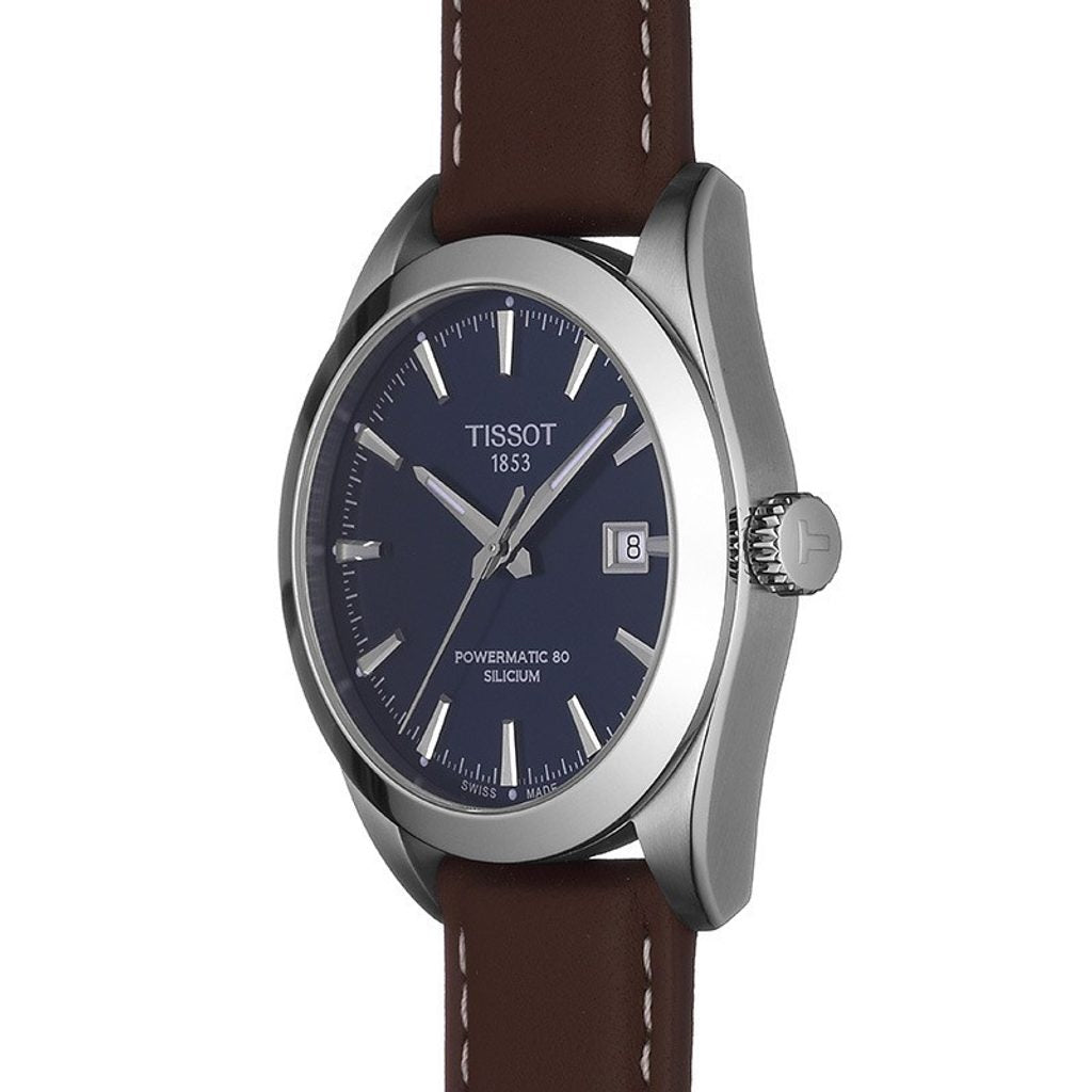 Tissot Gentleman Powermatic 80 Silicium Blue Dial Brown Leather Strap Watch For Men - T127.407.16.041.00