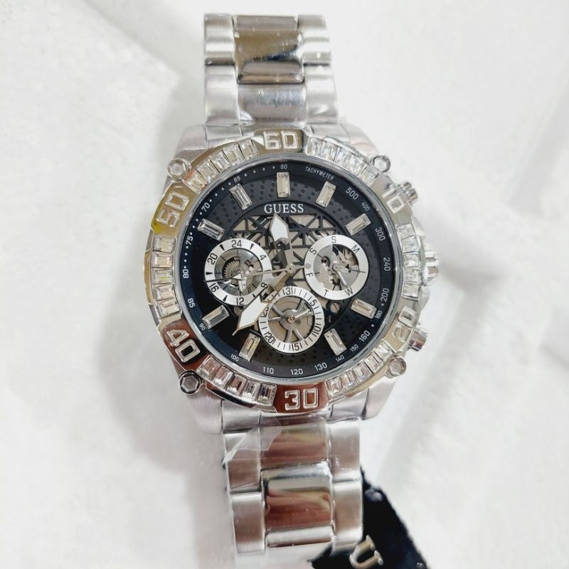 Guess Trophy Chronograph Diamonds Black Dial Silver Steel Strap Watch for Men - GW0390G1