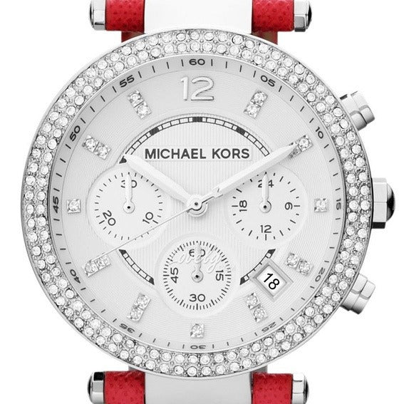 Michael Kors Parker Silver Dial Red Leather Strap Watch for Women - MK2278