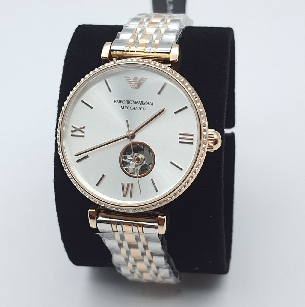 Emporio Armani Gianni T-Bar Analog White Dial Two Tone Steel Strap Watch For Women - AR60019