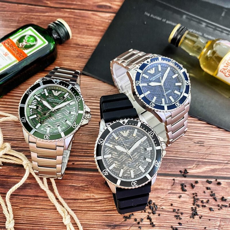 Emporio Armani Diver Automatic Green Dial Silver Steel Strap Watch For Men - AR60061