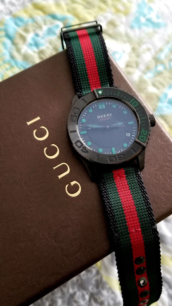 Gucci G Timeless Sport Black Dial Two Tone NATO Strap Watch For Men - YA126229