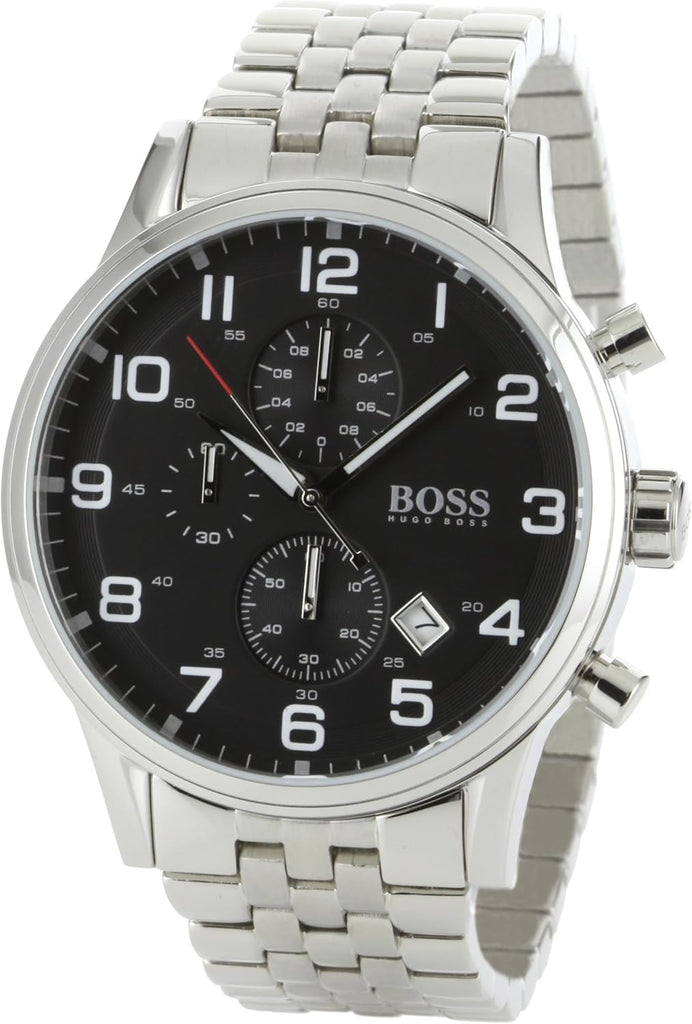 Hugo Boss Aeroliner Chronograph Black Dial Silver Steel Strap Watch For Men - 1512446